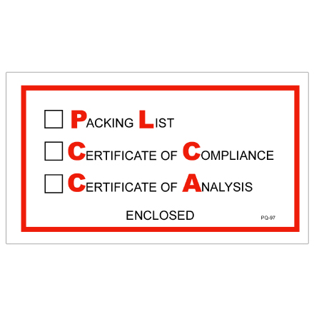 5 <span class='fraction'>1/2</span> x 10" "Packing List/Cert of Compliance/Cert. of Analysis Enclosed" Envelopes